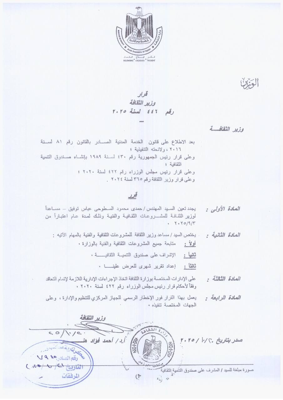 وزير الثقافة يصدر قرارًا بتجديد تكليف