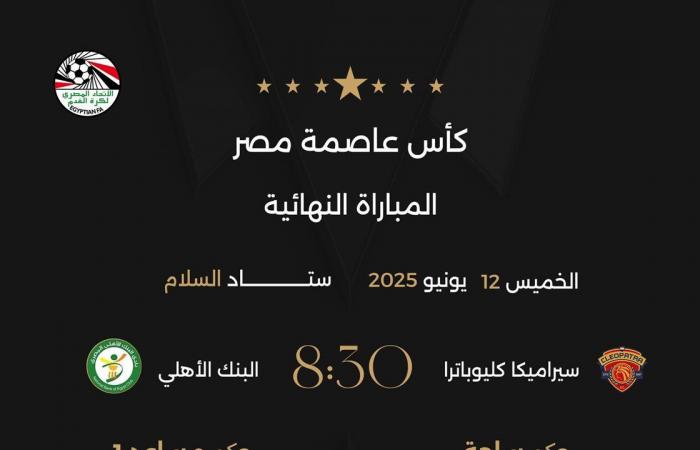 موعد
      نهائي
      كأس
      عاصمة
      مصر
      بين
      سيراميكا
      كليوباترا
      والبنك
      الأهلي
      والقنوات
      الناقلة