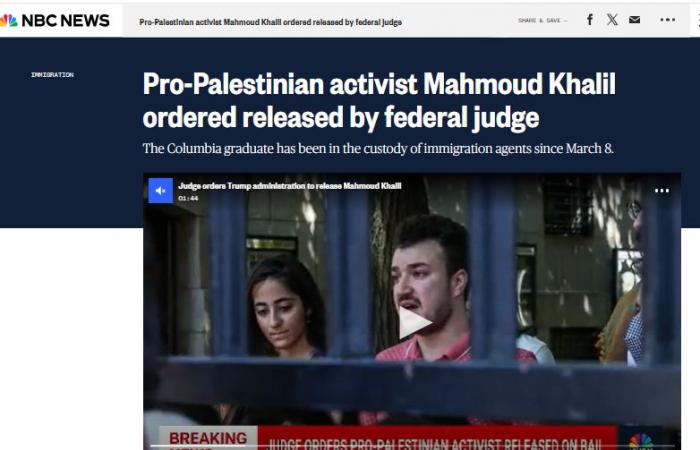 صفعة
      لإدارة
      ترامب.. قاض
      أمريكى
      يأمر
      بالإفراج
      عن
      الناشط
      الفلسطينى
      محمود
      خليل