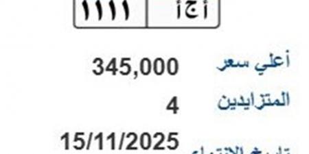 سعرها 345 ألف جنيه.. مزاد على لوحة سيارة مميزة (أ ج آ-1111)