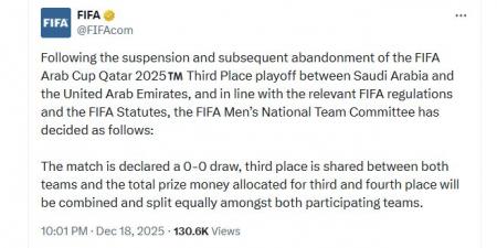عادل عقل: فيفا يحسم مصير برونزية كأس العرب بين السعودية والإمارات.. فيديو