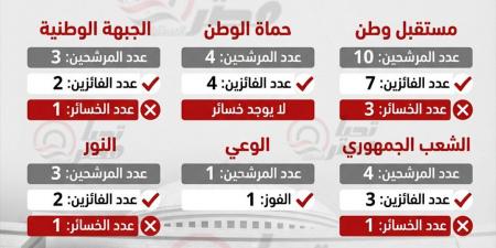 3 خسائر لمستقبل وطن والجبهة الوطنية يخسر مقعد أمين قنا.. جولة الإعادة للدوائر الملغاة الـ 19.. تحيا مصر يرصد خريطة الأحزاب وفق الحصر العددي