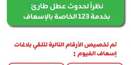 عطل مفاجئ يضرب الخط الساخن 123 بالفيوم.. والإسعاف توفر أرقامًا بديلة لاستقبال البلاغات
