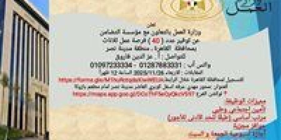 وزارة العمل توفر 40 فرصة عمل للسيدات بمدينة نصر بالتعاون مع مؤسسة التضامن