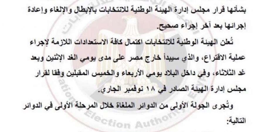 "الوطنية للانتخابات" تعلن اكتمال استعدادات إعادة الجولة الأولى بـ 19 دائرة