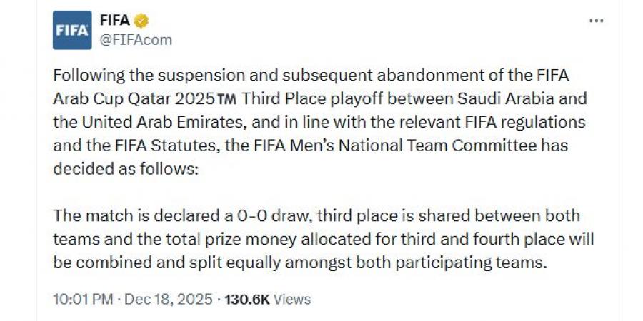 عادل عقل: فيفا يحسم مصير برونزية كأس العرب بين السعودية والإمارات.. فيديو