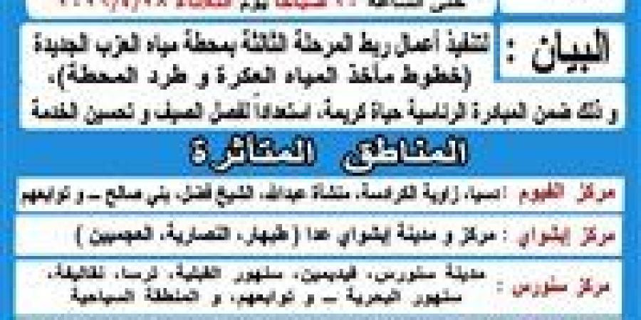 قطع مياه الشرب 24 ساعة بالفيوم لتنفيذ أعمال ربط محطة العزب الجديدة ضمن "حياة كريمة"