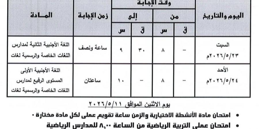 جدول امتحانات الفصل الدراسي الثاني لـ الشهادة الإعدادية بالقليوبية