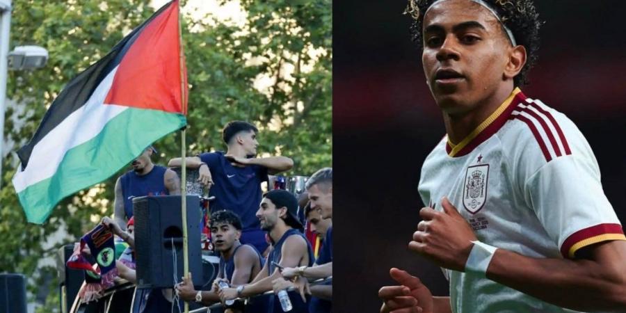 لامين يامال يرفع علم فلسطين خلال احتفالات برشلونة بلقب الدوري الإسباني