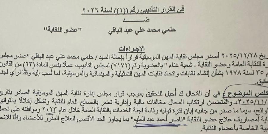 حلمي عبد الباقي يكشف قرار إحالته إلى مجلس التأديب: النية كانت مبيتة لشطبي من نقابة المهن الموسيقية| مستند