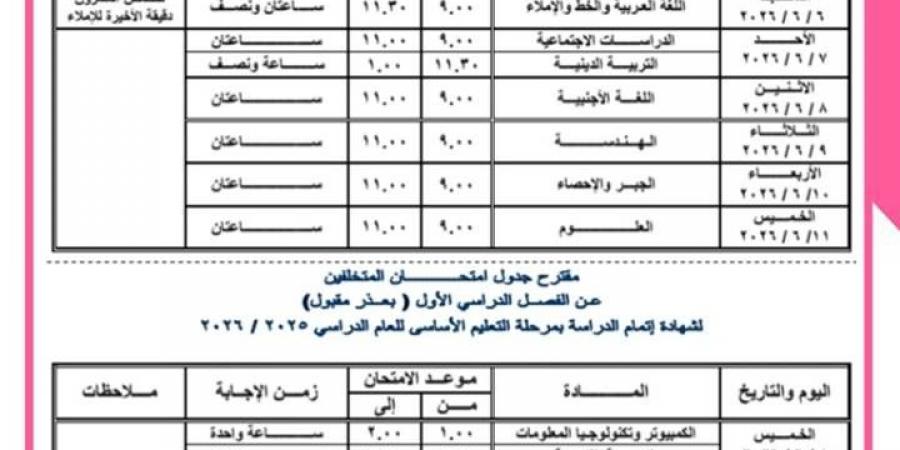 جدول امتحانات الشهادة الإعدادية 2026 محافظة القاهرة.. المواعيد الرسمية لطلاب الصف الثالث الإعدادي