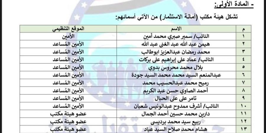 برئاسة النائب سمير صبري.. تحيا مصر ينشر تشكيل أمانة الاستثمار بحزب مستقبل وطن