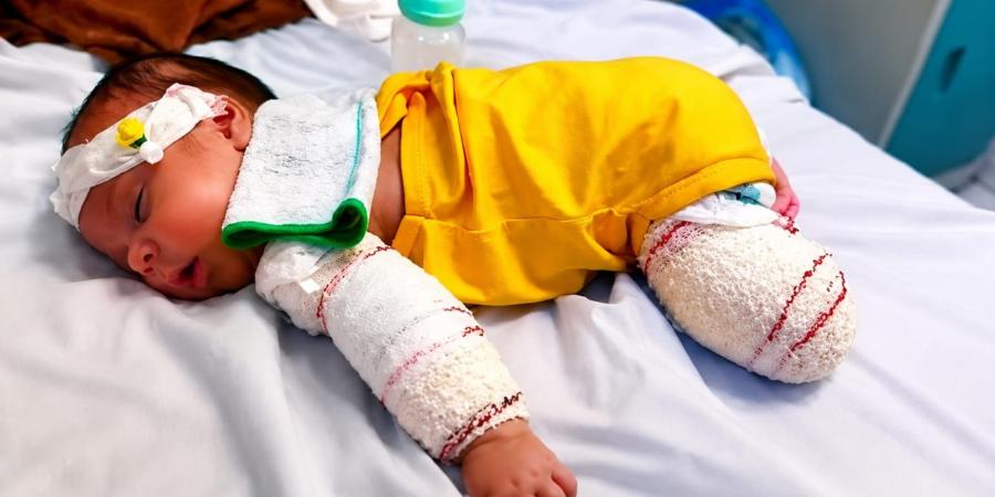 الرضيع محمد الخطيب فقد أمه وبترت قدمه فى الحرب وينتظر فرصة العلاج خارج غزة